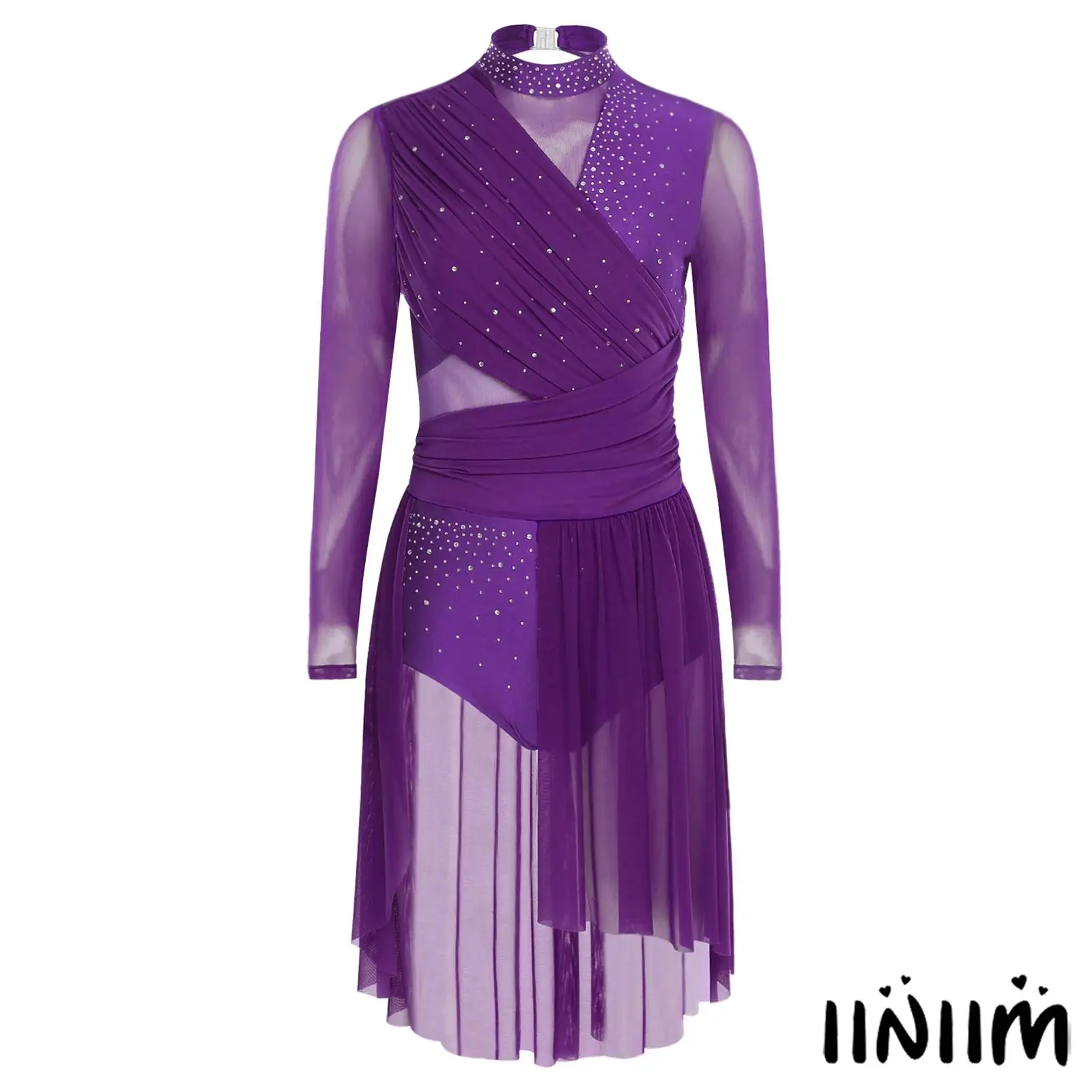 

Womens Glittery Rhinestones Lyrical Latin Dance Dress Long Sleeve Ruched Backless Leotard Dress for Jazz Ballroom Dance Show