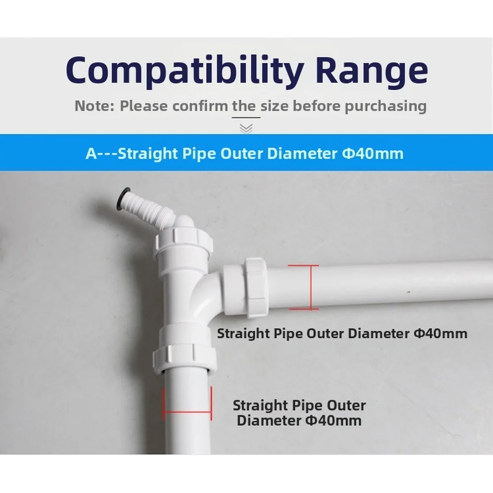 PVC Tee Fitting 40mm Diameter for Drainage Pipe Connection and Extension with Compression Gasket Seal and Stable Nut Fastening