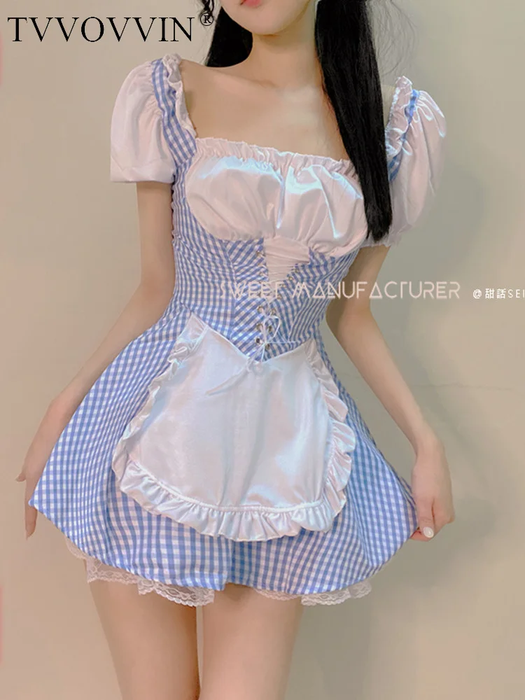 Chic TVVOVVIN Prairie Sweet Lolita JK Maid Outfit Student Japanese Mini Puff Sleeve Dress Hot Sexy Korean Women Tops Robe 440W