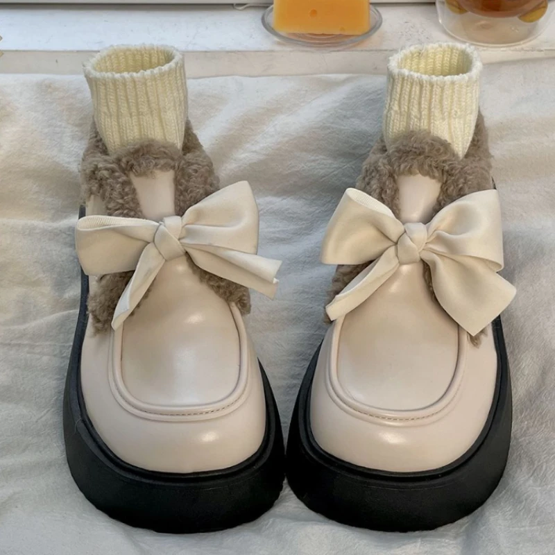 Winter Japanese Sweet Platform Shoes Women Warm Bow Vintage Kawaii Plush Shoes Female Pure Color Casual Comfortable Shoes 2023