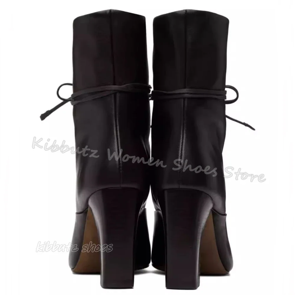 Lace-Up Ankle Boots Patchwork Leather Satin Elegant Fashion Concise Sexy Solid Color Pointed Toe Chunky Heels Women Shoes Newest