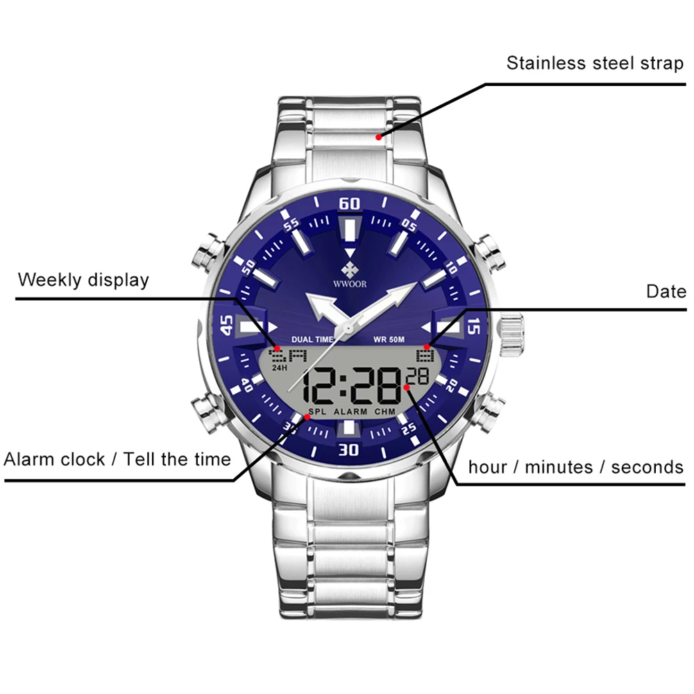 WWOOR Dual Display Men Watch Luxury LED Quartz Wristwatch Waterproof Sport Digital Watch Men Alarm Stopwatch Military Male Clock