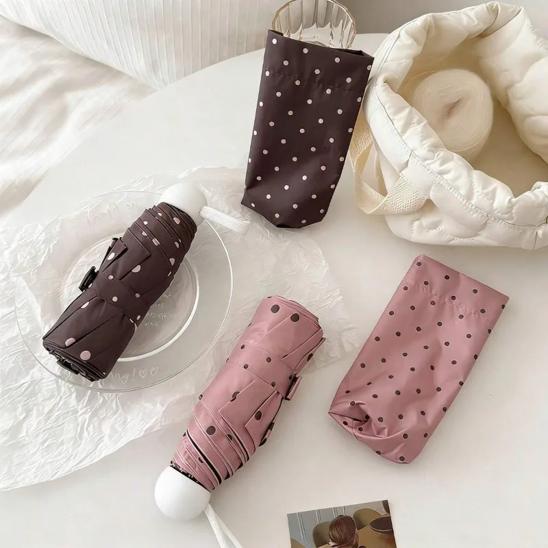1PC Polka Dot Portable Folding Umbrella Cute Dual Use Rain and Sun Black Coated UV Protection Parasol Daily Necessities
