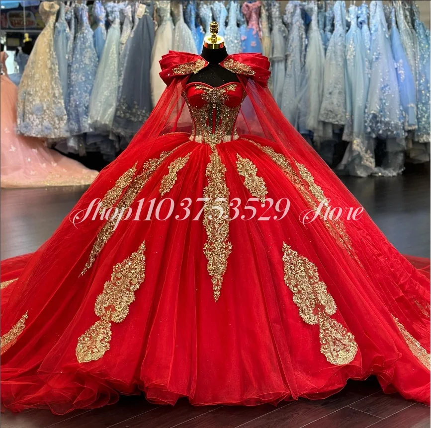 

Red Luxury Quinceanera Dresses 2025 Exquisite Mexican Cathedral Train See-through Corset Beaded Applique Strap Shawl ballkleider