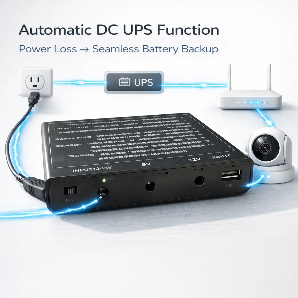 Automatic DC UPS Backup Power for WiFi Router & IP Camera, Seamless Switchover, Replaceable 18650 Batteries, No Battery
