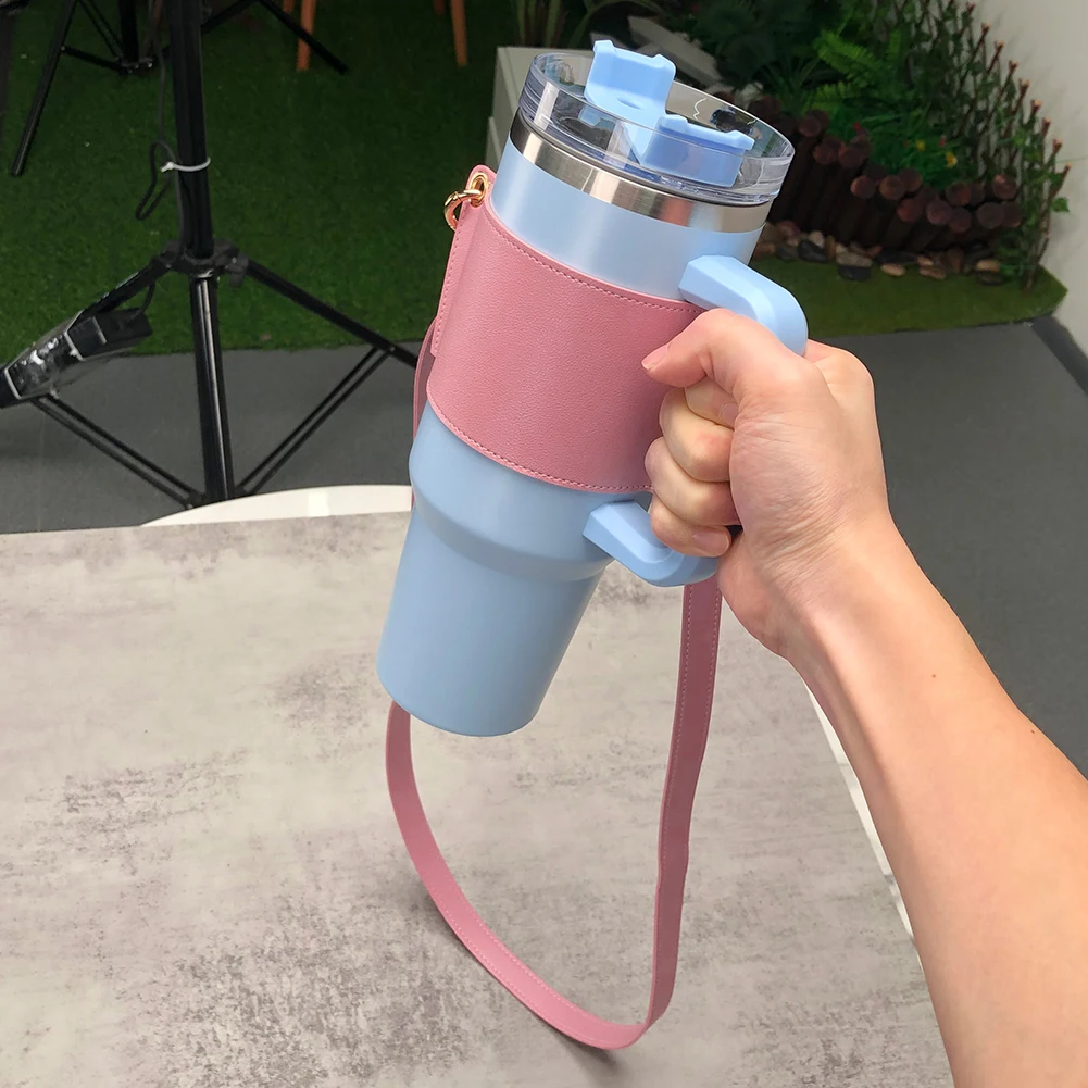 Water Bottle Handle Shoulder Strap Universal Water Bottle Carrier Travel PU Leather Coffee Mug Holder for Stanley 30oz/40oz Cup image 3