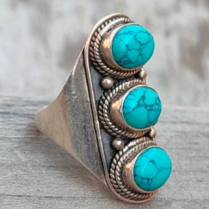Ethnischer Silberfarbener Ring mit Imitiertem Türkis für Damen Geometrisches Design Alltags- und Partyschmuck