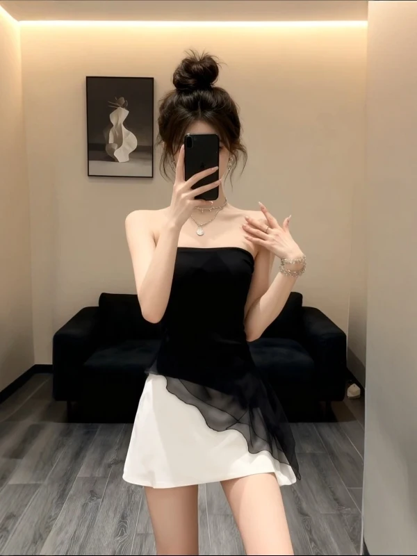 

Ele Pure Desire Contrast Color One-oulder Bustier ort Skirt Women's Autumn Design Waist-Cinching Bodycon Dr