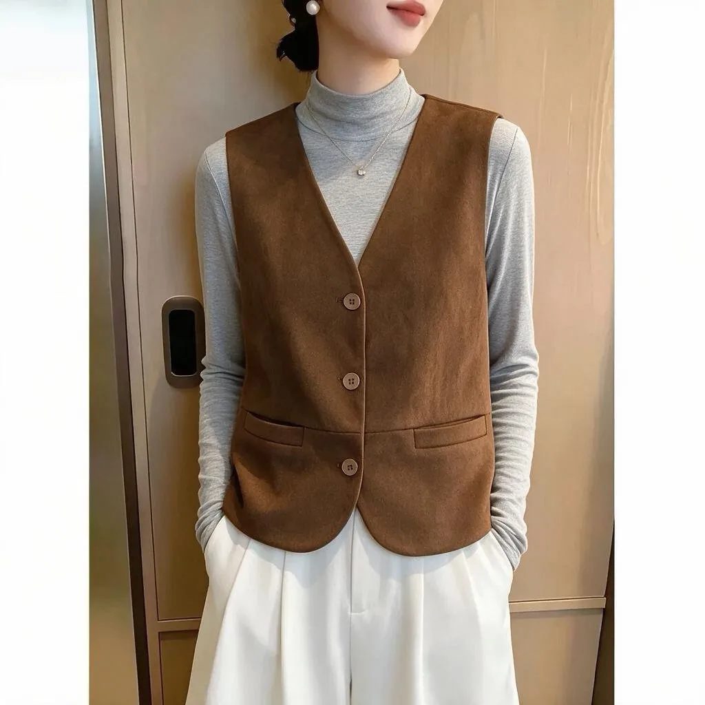 Suede Vest Women's Casual Style Sleeveless Single Button Design Slimming Versatile Autumn Winter Fashion Warm Polyester Fiber