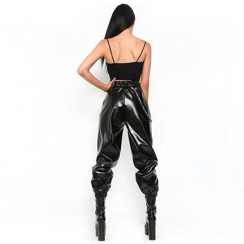 Women Shiny Patent Leather Loose Pants High Waist Trousers With Chain Casual Fashion Loose Jogging Cargo Pants 2023 Custom