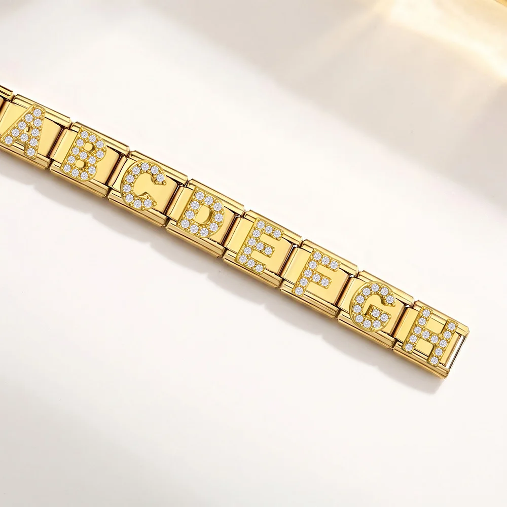 URING A‑Z 26 Letters Cubic Zirconia Charms Gold Color 9mm Italian Stainless Steel Bracelet Links DIY Custom Name Jewelry Making