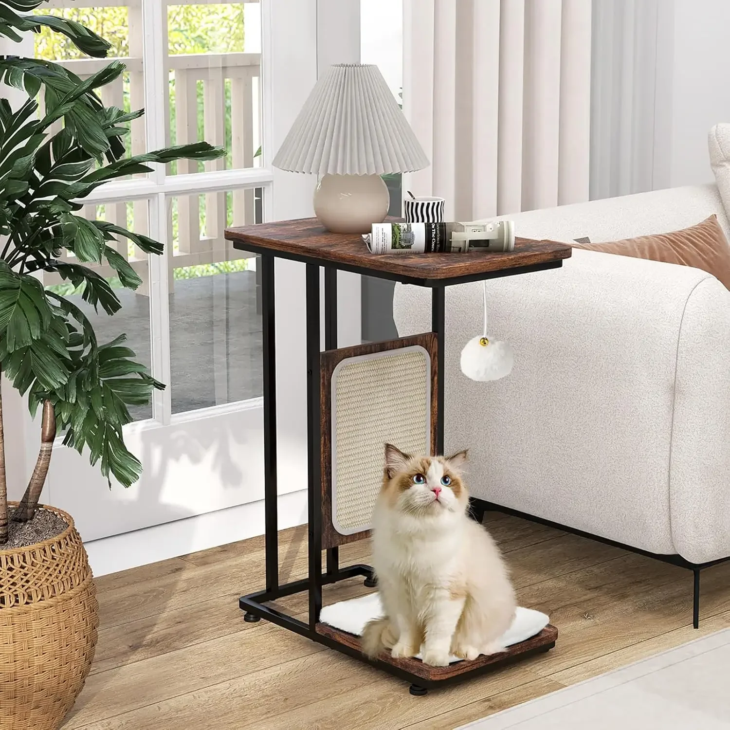 

Cat Scratcher Side Table, C-Shaped End Table with Cat Scratching Board, Washable Cushion, Jingling Ball, Metal Frame