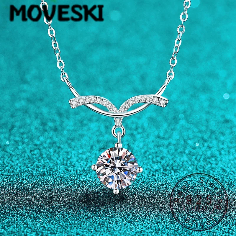 

Ожерелье MOVESKI из стерлингового серебра 925 пробы с изогнутой V-образной подвеской и круглым муассанитом 2 карата для женщин, элегантное свадебное украшение