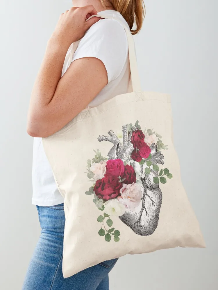 Human heart illustration art, dark, purple roses, vintage effect Tote Bag Reusable bags Shopper handbag Beach bag female bag