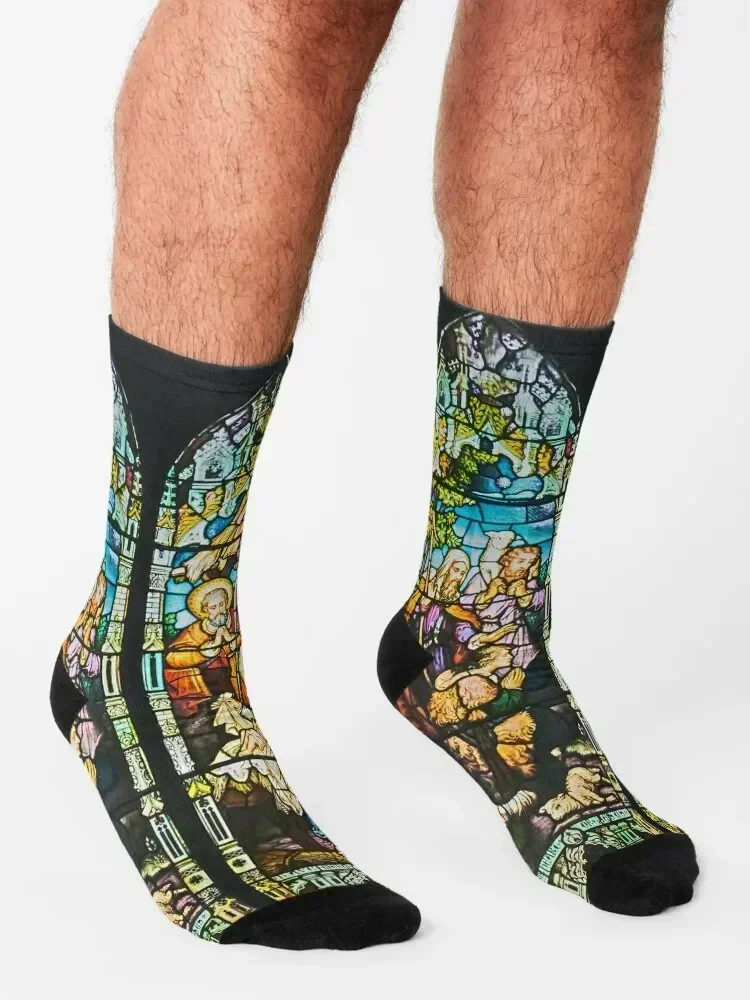 ولادة يسوع في الزجاج الملون جوارب رجل جوارب كرة القدم ضغط مع طباعة رجل الجوارب النسائية