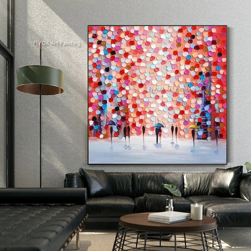 Hand Painted People With Umbrella Canvas Art Colorful Point Abstract Thick Oil Painting Modern Landscape Wall Art For Home Decor