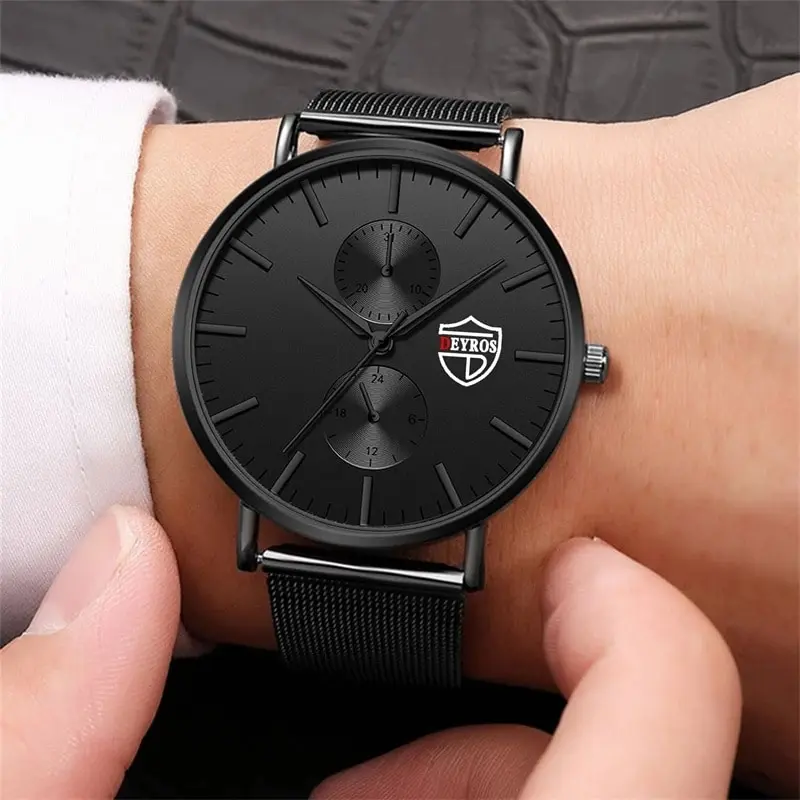 Mens Fashion Ultra Thin Watches Men Business Casual Quartz Wrist Watch Luxury Black Stainless Steel Mesh Belt Watch Reloj Hombre