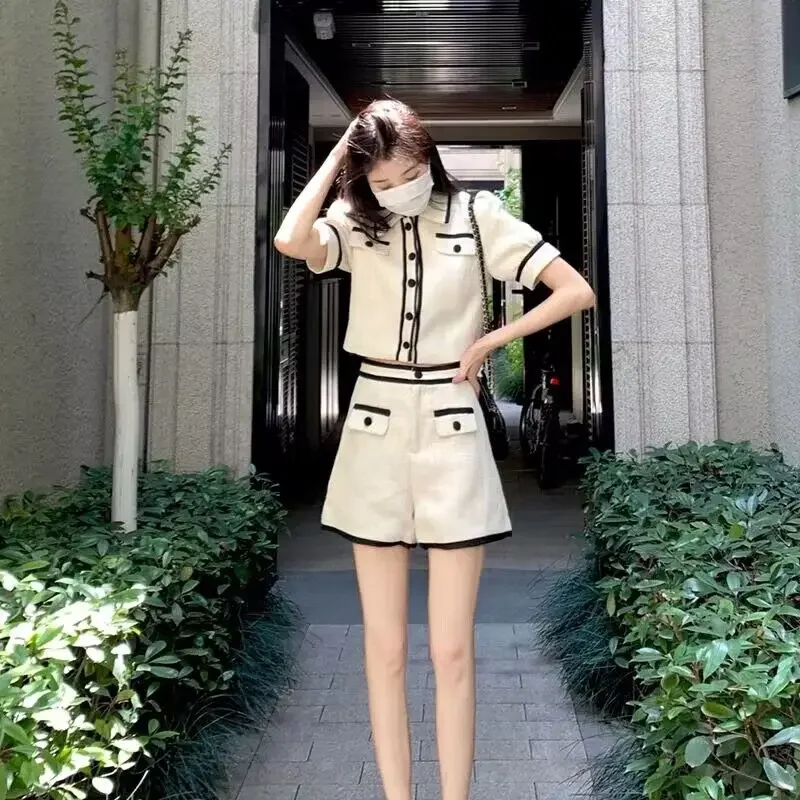 Women\'s Summer Suit New In Shorts Matching Sets Korean Chic and Elegant Short Sleeve Top Luxury Hight Waist Shorts 2 Piece Set