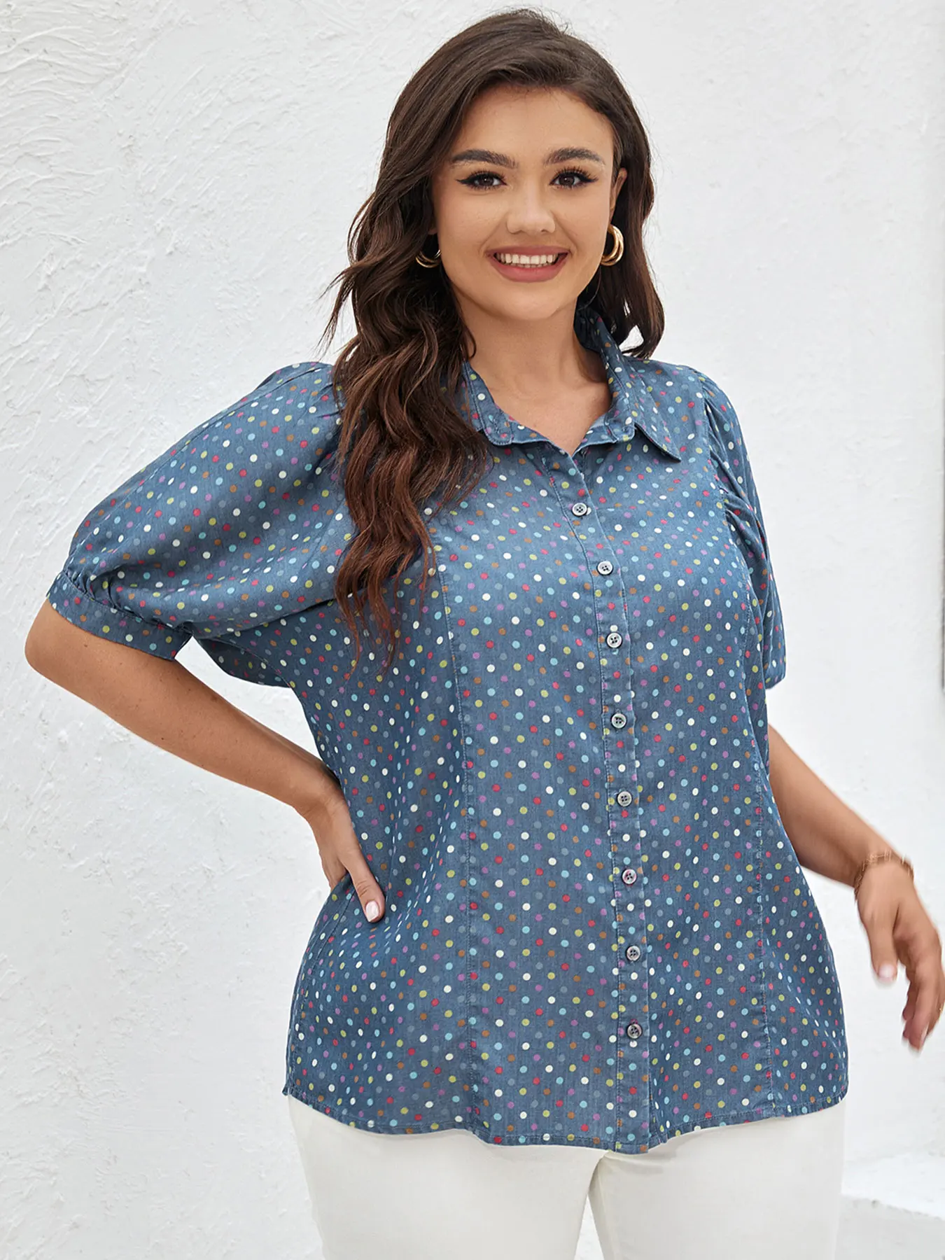 女性用プラスサイズ織物春秋ファッションシャツ