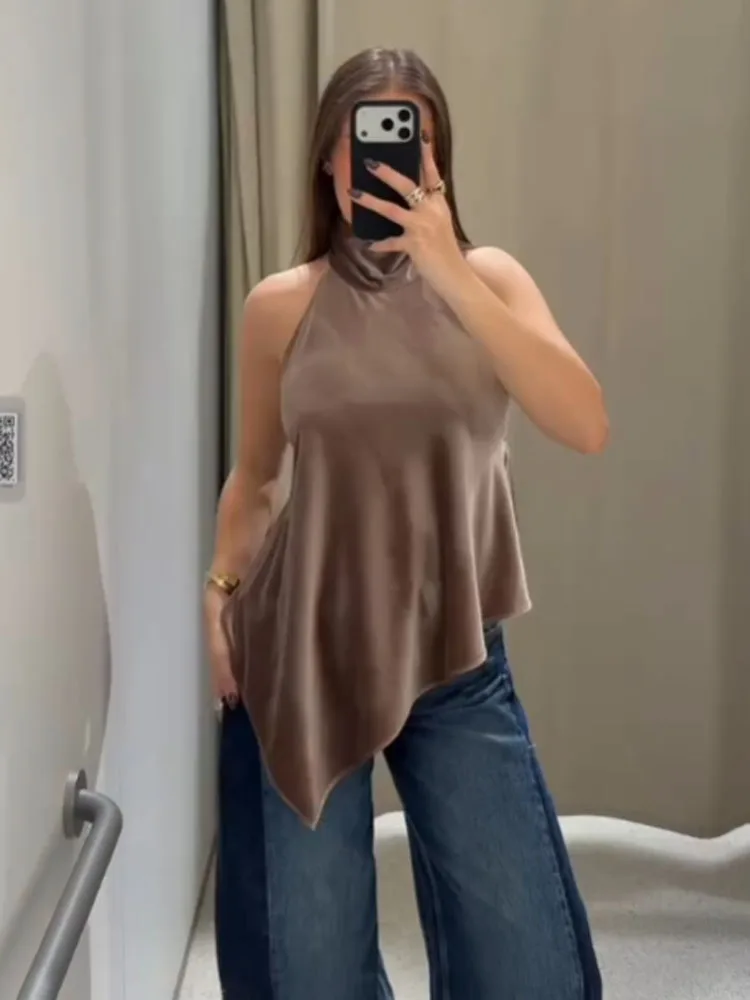 

HH Women Fashion Silk Satin Texture Asymmetric Halter Neck Collar Top Female Winter Sexy Backless Slim Bow Decorated Short Top