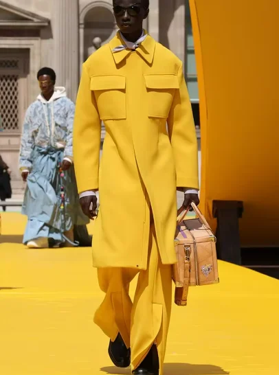 

Bright Yellow Men Suits Two Pockets Stand Collar Blazer Handsome Outfits Model Show Evening Party Business Casual Man Set