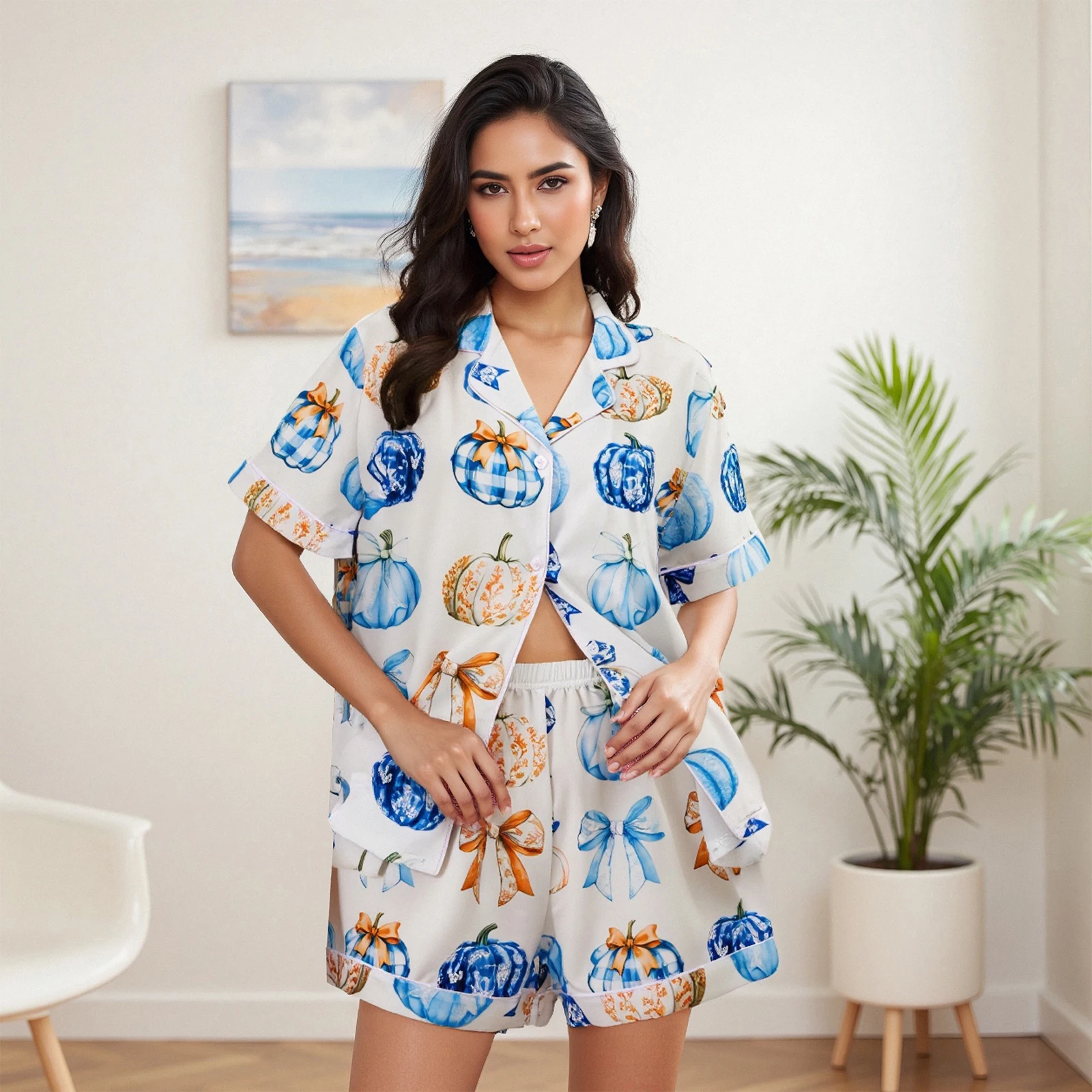 Halloween Pajamas Set Women Print Button Down Lapel V Neck Short Sleeve Tops with Shorts Lounge Wear 2 Pcs Set