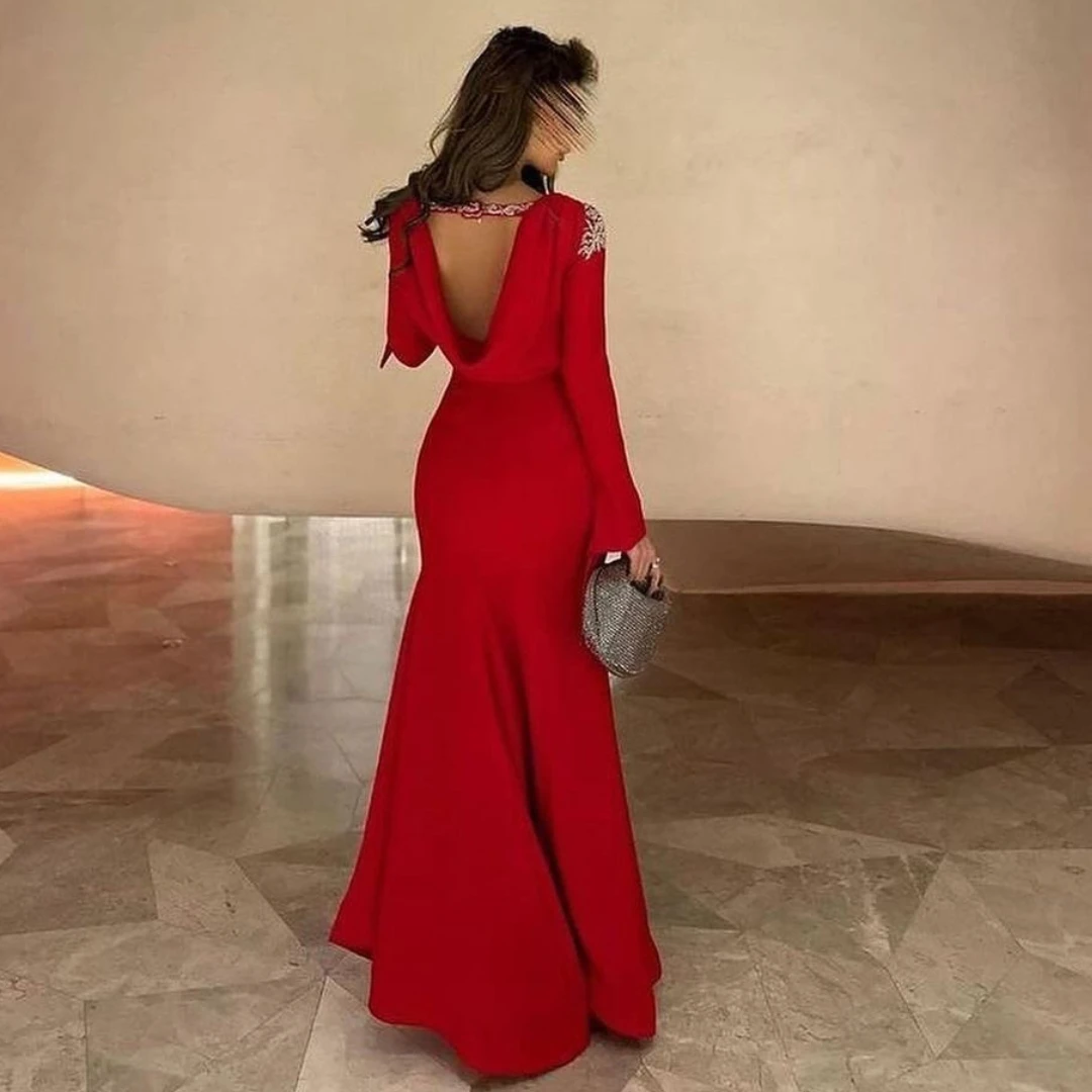 Santorini Sexy espalda descubierta Arabia Saudita señoras usan Vestidos De Noche cuentas mangas largas fiesta De graduación trompeta Vestidos De Noche personalizados