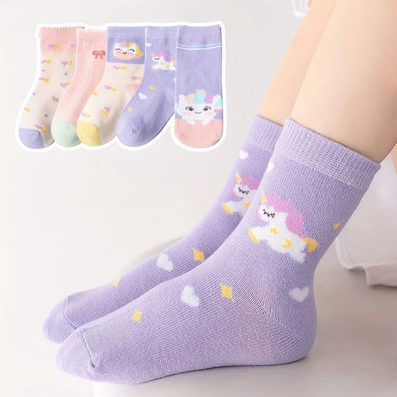 5 pairs Cute Cartoon Mid-Calf Socks for Kids, Soft Breathable Universal Boys Girls Socks