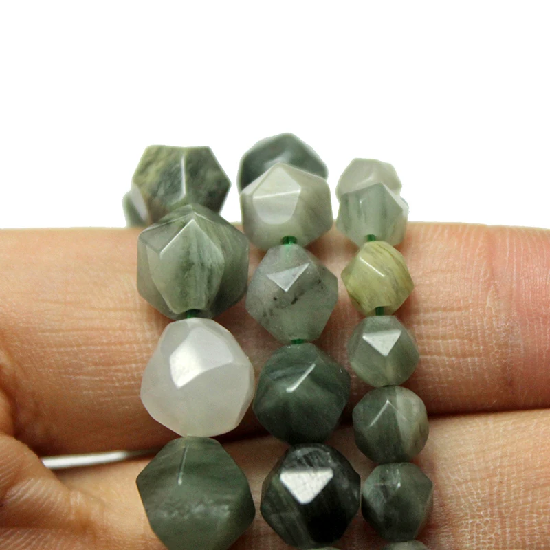 Natural Stone Big Cuts Faceted Green Grass Stone Purple Stripe Round Loose Beads 6 8 10 mm Pick Size Bracelet Necklace