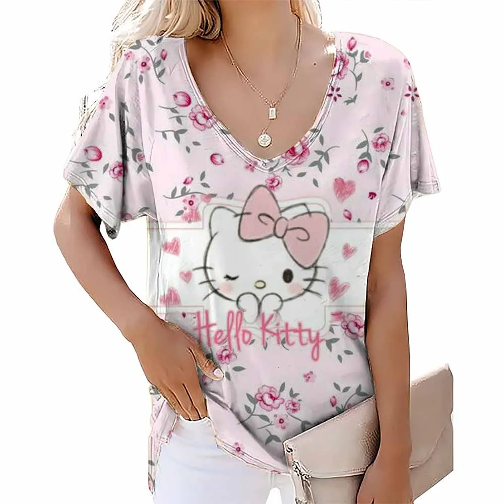 Cartoon T-shirt women's Hello Kitty printed short sleeved beautiful V-neck women's T-shirt casual summer top women's plus size c