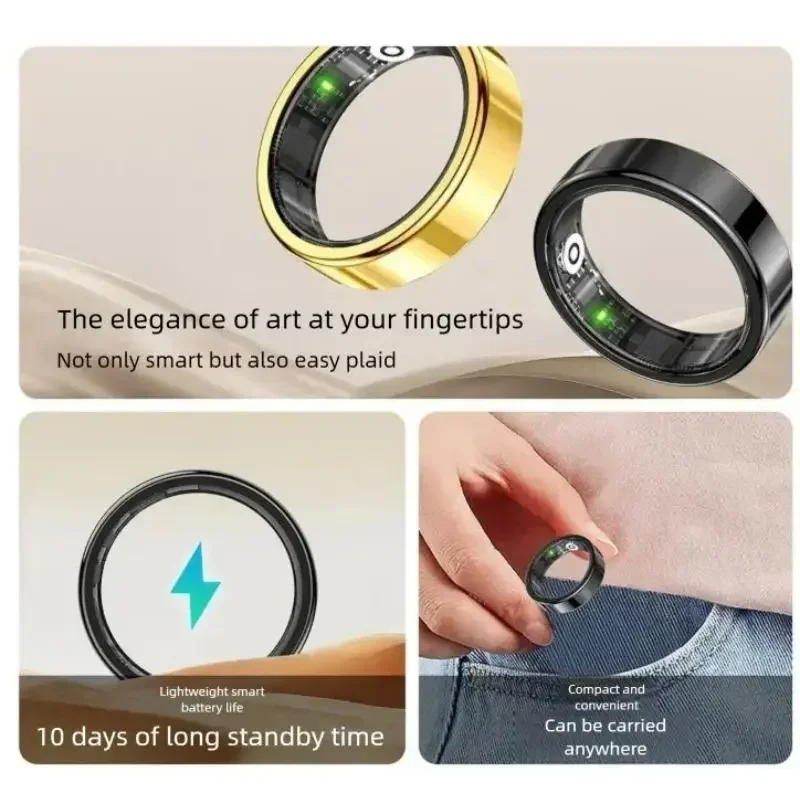 Anel inteligente freqüência cardíaca oxigênio no sangue sono fino lado estreito compartimento de carregamento página virar foto smartring