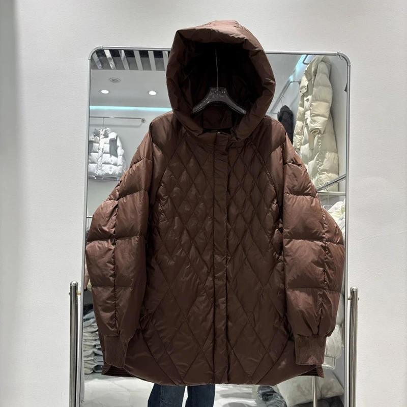 Schinteon Chaqueta de plumón de pato blanco para mujer con capucha Casual suelta talla grande Argyle cálido Otoño Invierno prendas de vestir 2025 abrigo nuevo