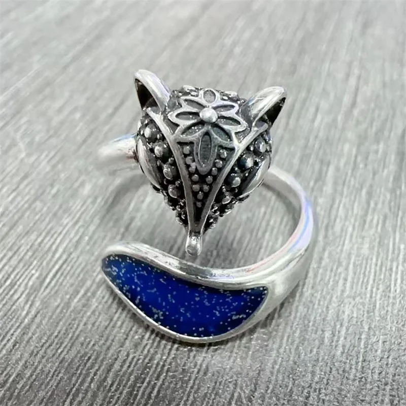 

Милое кольцо с лисой на удачу, женские украшения для пальцев, кольцо в этническом стиле с синей эмалью для женщин, ювелирные изделия, регулируемый размер