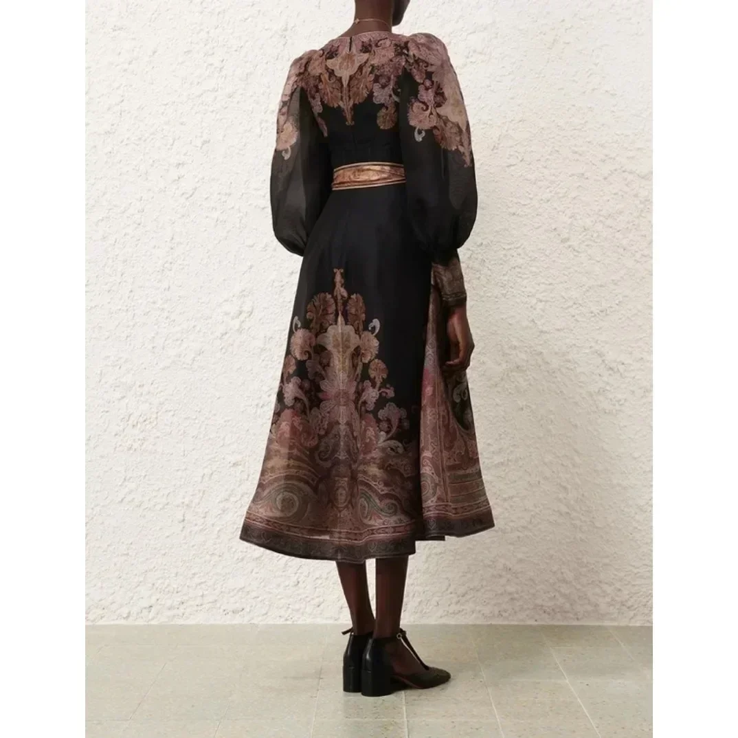 2024 New Autumn High Quality Linen Silk Black Paisley Print Long Sleeve Midi Dress for Women