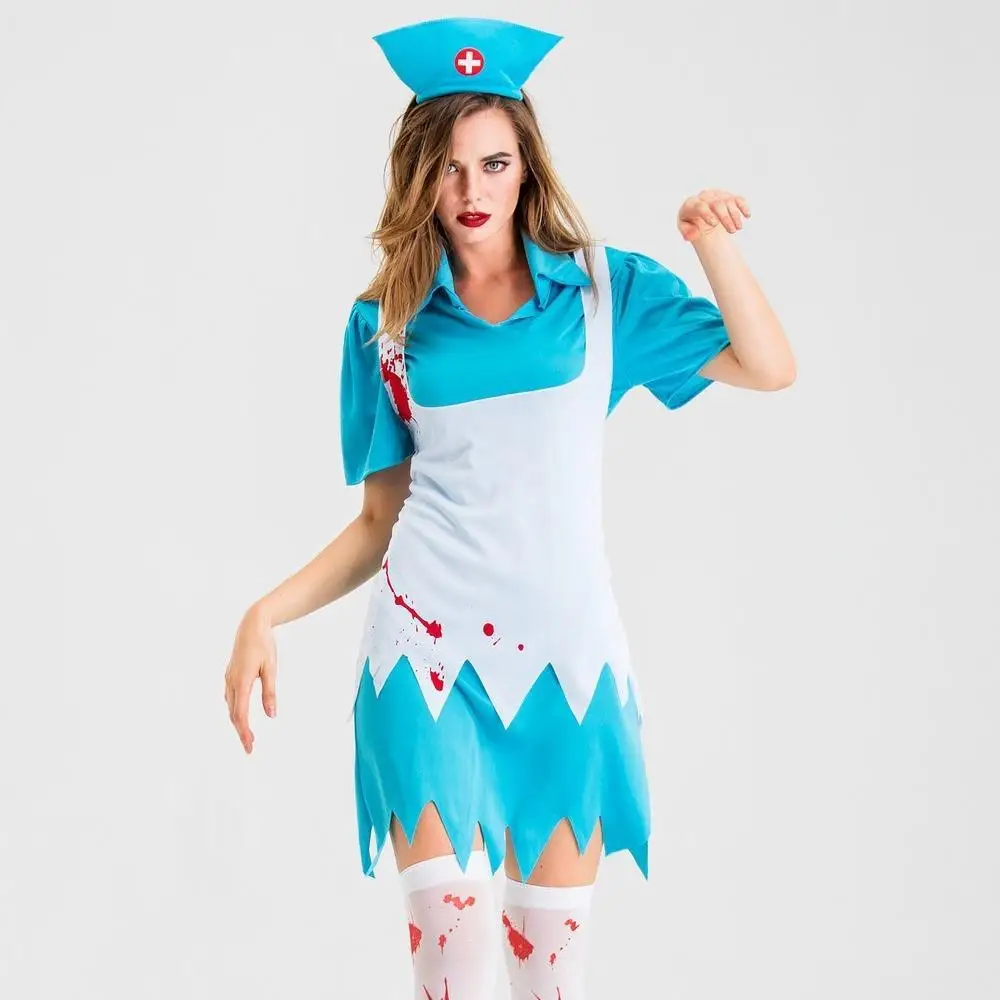 loween Horror Nurse Costume Bloodstained Servant Zombie Roleplay Outfit Women's Faion Festival Par Costume