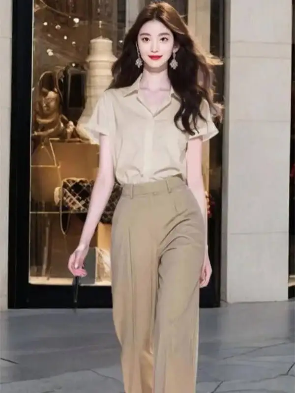 

2025 New Fashion Minimalist Professional Shirt And Pants Two-Piece Set Women's Summer Slim Fit Business Casual Polyester Fiber
