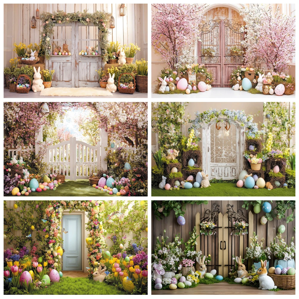 

Spring Photo Backgound Easter Rabbits Fence Flowers Courtyard Eggs Kids Birthday Family Party Decor Photography Backdrop Props