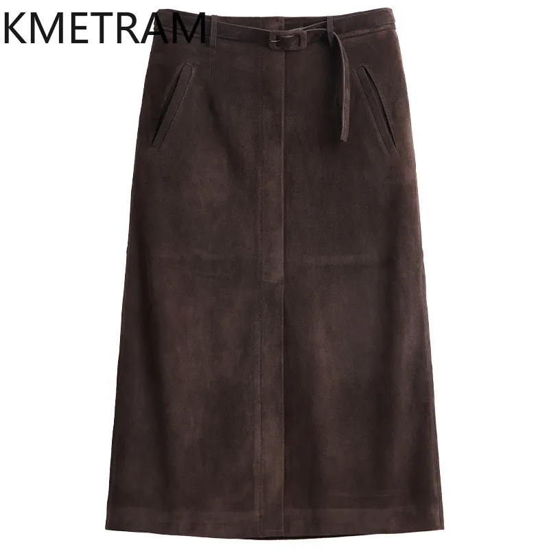 KMETRAM Genuine Crossbreed Sheep Suede Leather Skirt High Waist Women's Skirts Straight Skirts for Woman Elegant Midi Skirt 치마