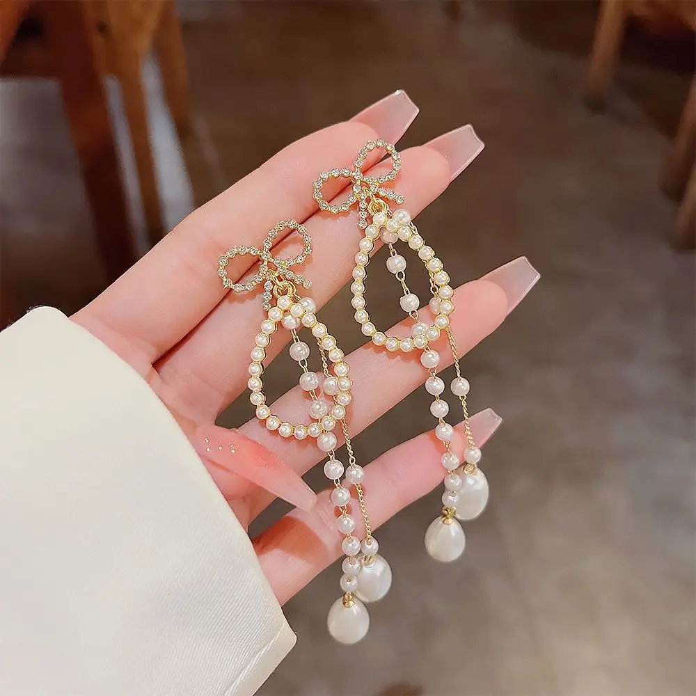 925 Silver Needle Crystal Bowknot Long Pearl Tassel Earrings For Women Jewelry 2024 Trending Exaggerated Vintage Drop Earrings