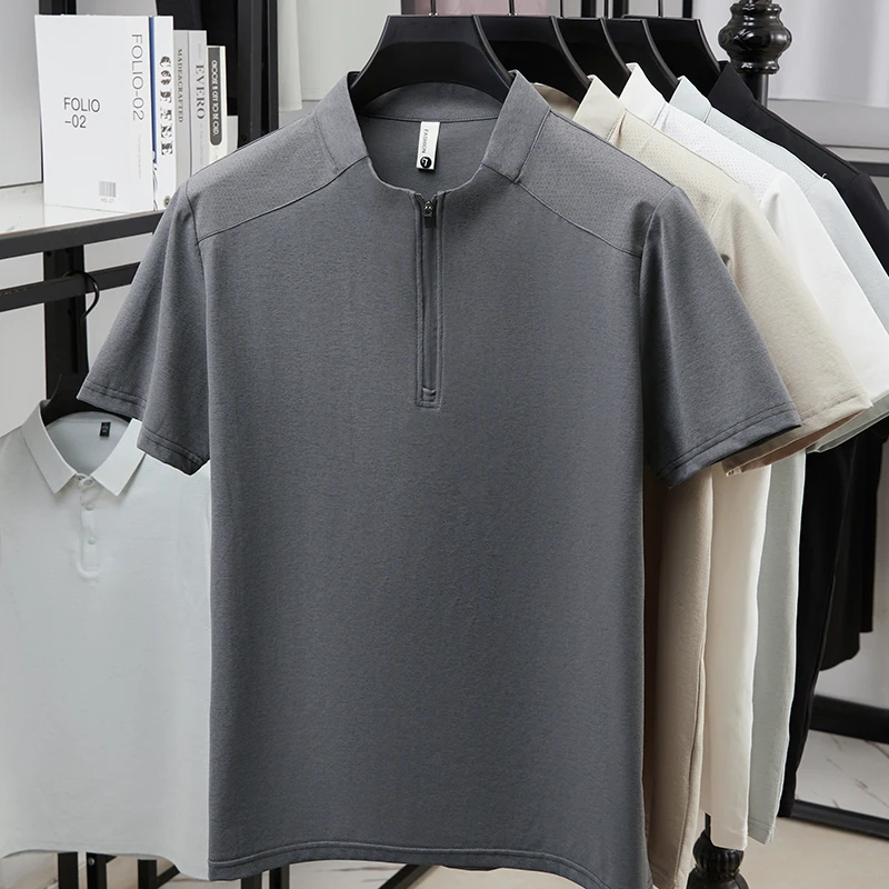 Herren Kurzarm-Poloshirts mit Halbem Reißverschluss und Stehkragen Lässige Sommer-Oberteile Leichte Atmungsaktive Hemden für Männer – Detail 20