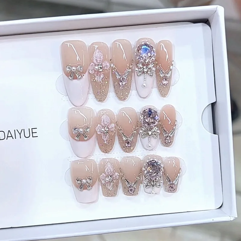 

10pcs Handmade Spring Summer press on Nails Rhinestone Flower Long Reusable Nail Tips French Cat Eye False Nails Removable 2025