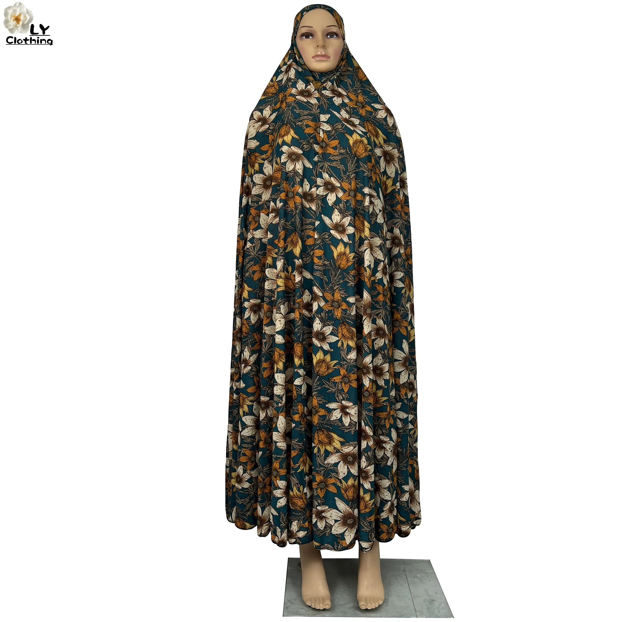 Muslim Ramadan Womens Hooded Abaya Kaftan Femme Dress With Hijab Floral Prints Dubai Saudi Robe Turkey-African Prayer Garment