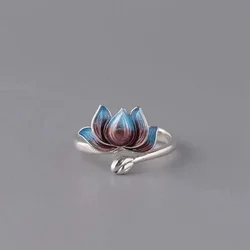 Vintage Blue Blooming Lotus Open Ring for Women Men Fashion Lucky Gradient Carp Alloy Metal Rings Wedding Party Jewelry Gifts