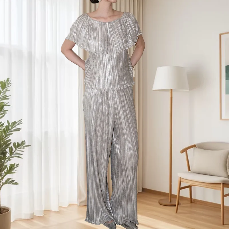

2025 Summer Miyake Pleated Pants Set Commuter Character Slim Fashion Women Glitter Fabric One Shoulder Trousers Set Clothing