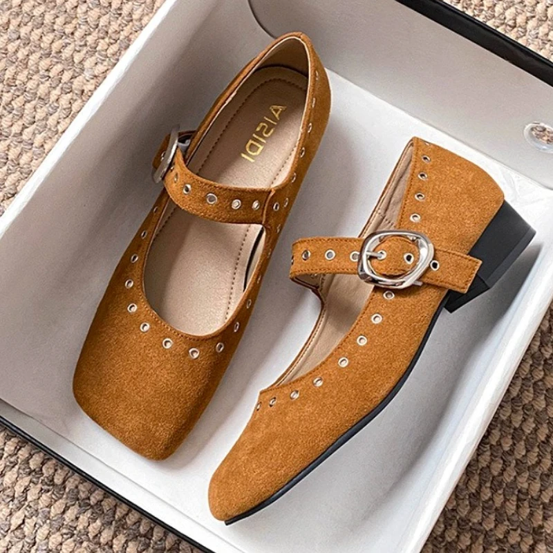 Retro Rivet Low Heel Mary Jane Shoes Women Autumn New Leopard Square Toe Ballet Shoes Fashion Buckle Design Casual Loafers