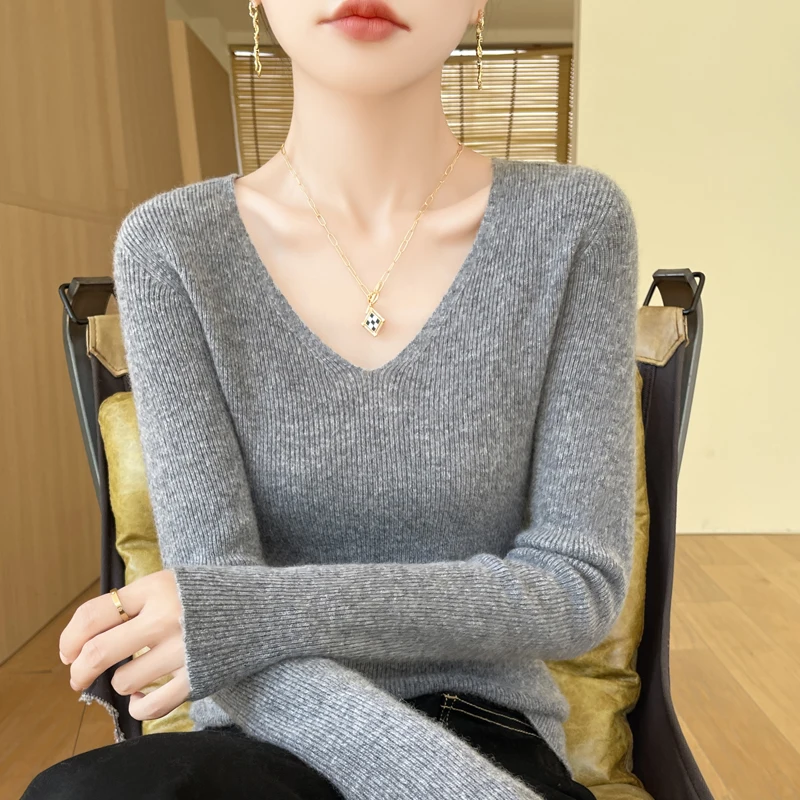 New Autumn And Winter V-Neck Pullover Sweater, Skin-Friendly, Highly Elastic Solid-Color Knitted Long-Sleeved Women's Top-GH459
