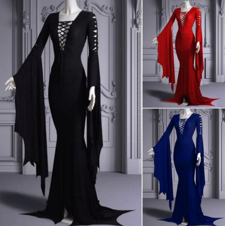 Halloween Sexy Strap Bag Hip Gothic Women's European and American Trumpet Sleeve Strap V-Neck Dress