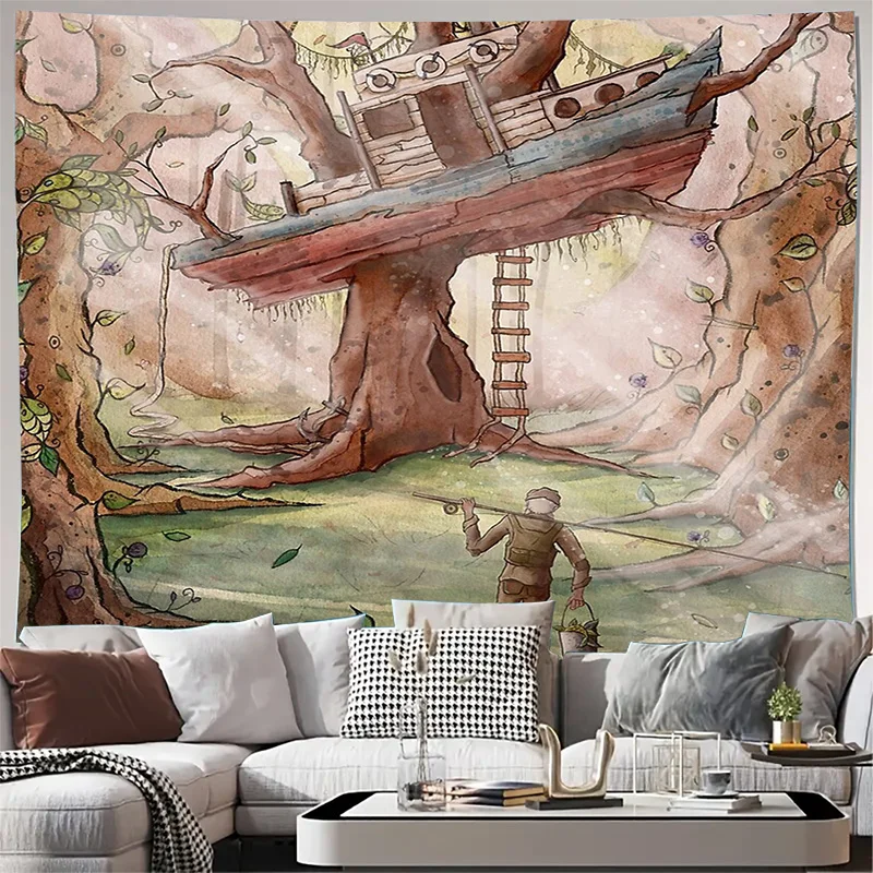 

Природный гобелен, лес, настенный винтажный пейзаж, живописный домашний декор, эстетическое настенное искусство для комнаты, вид на гору и реку