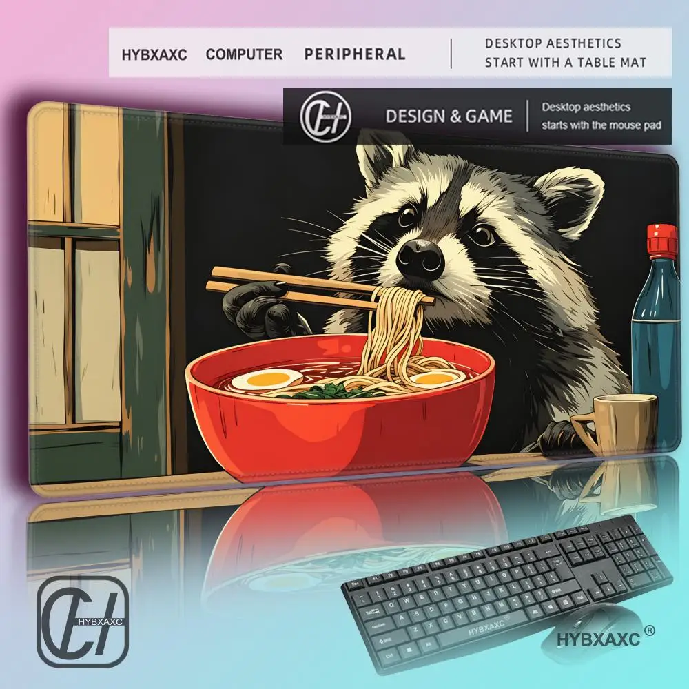 

HYBXAXC Raccoon Ramen Desk Mat, Cute Anime Noodle Mouse Pad, Funny Animal Desk Pad Kawaii Keyboard Mat,Gamers