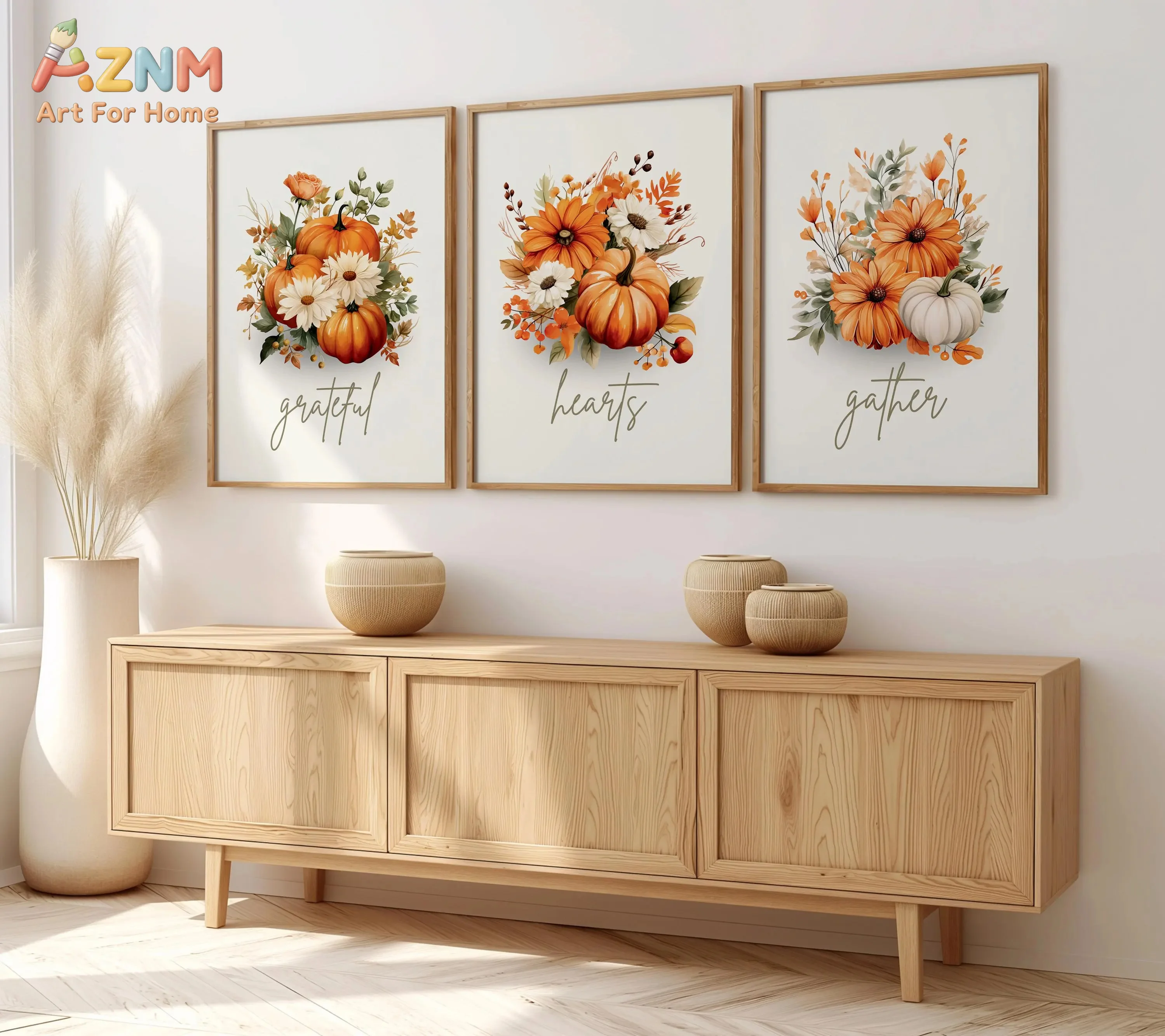 AZNM 3Pcs Autumn Pumpkin Floral Canvas Wall Art, Grateful Hearts Gather Thanksgiving Print Frameless Canvas Painting,